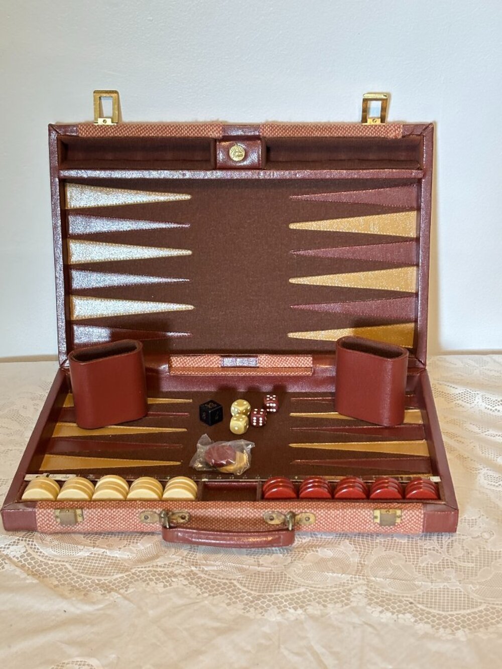 VTG Aries Backgammon Game Travel Set Suitcase Tan Tweed Red Brown Leather MCM